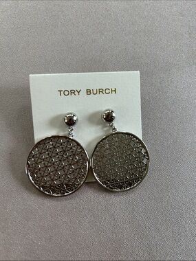 Tory Burch Polished Silver Round Filigree Drop Earrings